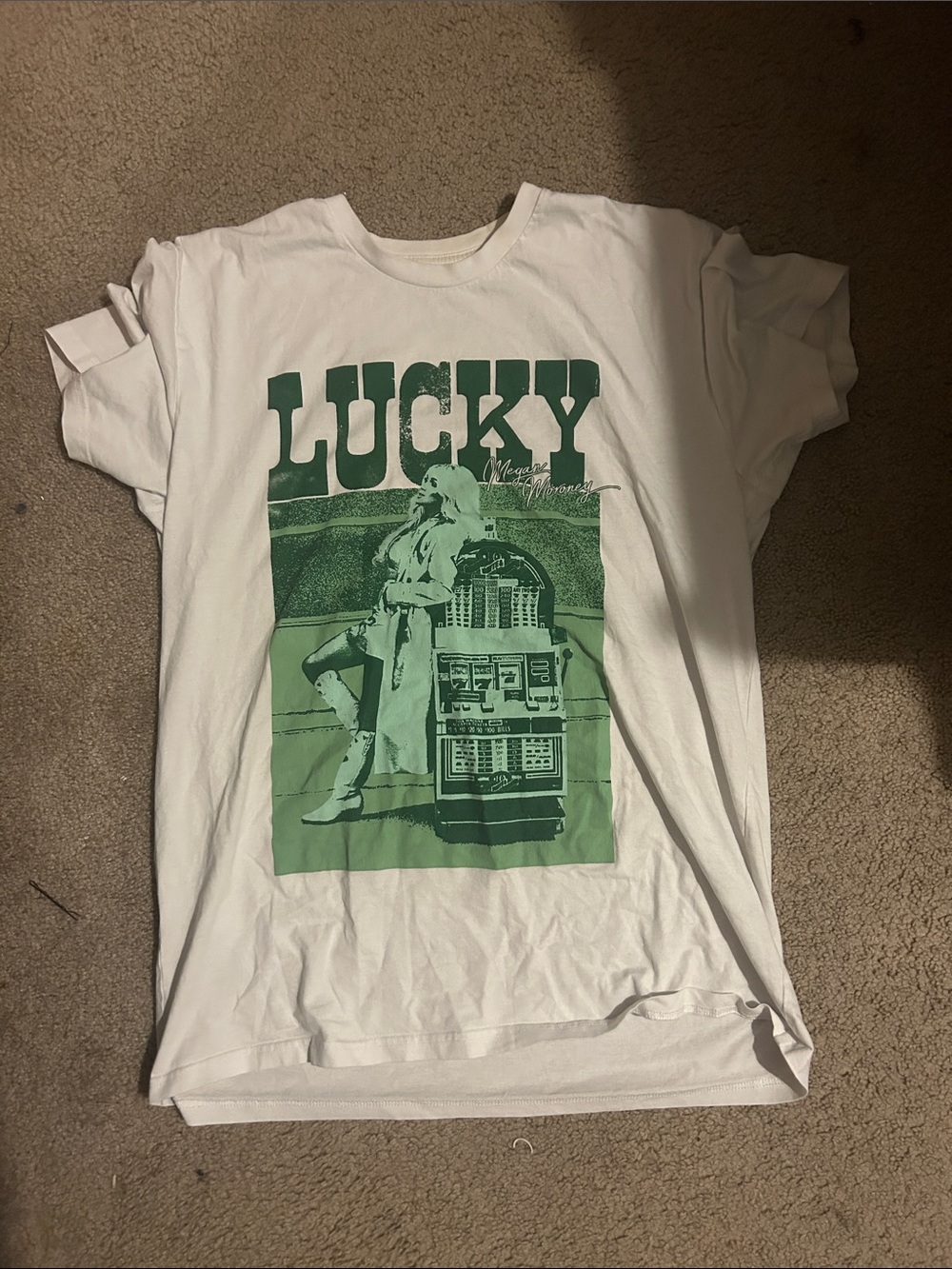 White Graphic Tee with Green 'LUCKY' Print
